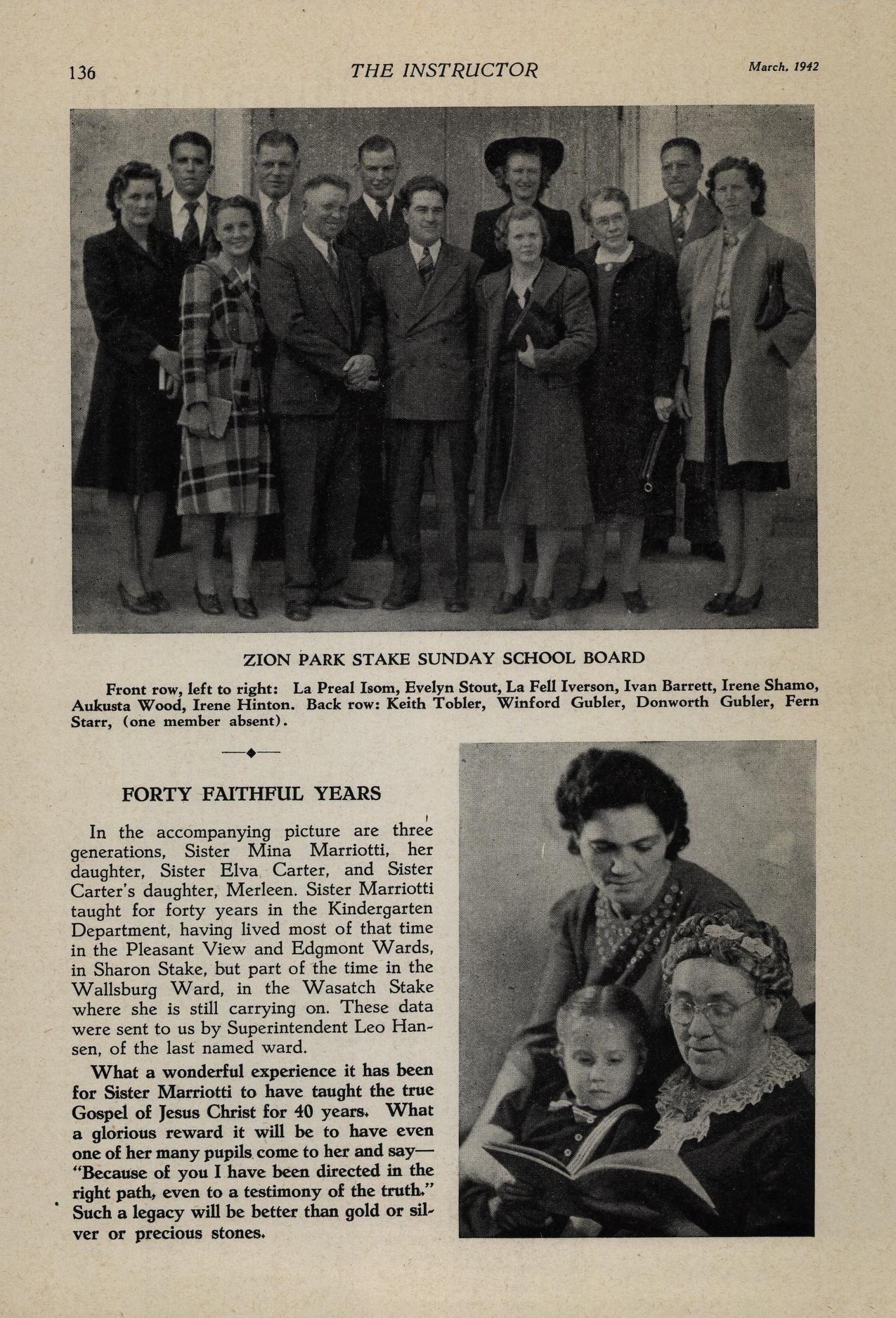 Page 136 from The Instructor, March, 1942 on which a photo of the Zion Park Stake Sunday School Board appears. Winferd Gubler (misspelled as Winford Gubler) is the second man from the left on the back row.