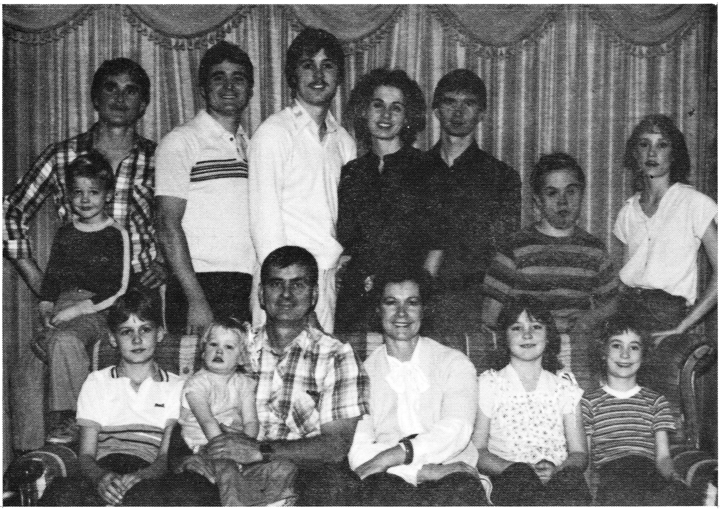 Dell and Corinne Stout's family - Front: Laron, Melissa, Corrine, Carolee, Dorene - Back: Roger, Keith, Dennis, Ronald, DeNae, Deward, Kelly, Marsha