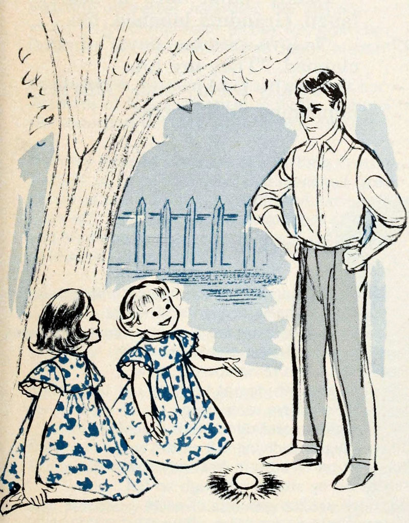 Illustration of a father standing beneath the mulberry tree looking at two little girls kneeling on the ground next to an egg