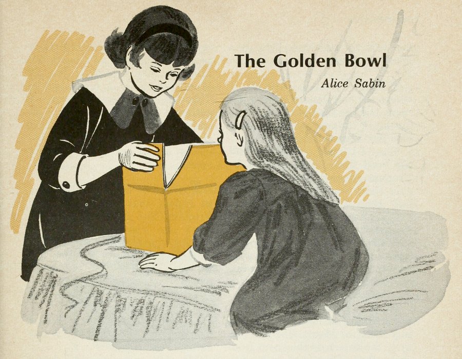 Illustration of two little girls, one beside a bed, the other kneeling on it, looing excitedly into a cbox they are opening